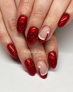 27  Christmas Red Nail for the Ultimate Femme Fatale Look - Nails for Confidence Christmas Acrylic Nails Almond, Christmas 2024 Nails, December Nails Almond, Christmas Nails 2024, French Tip Styles, December Nails Ideas, Gel Short Nails, Nails Gel Short, Pretty Christmas Nails