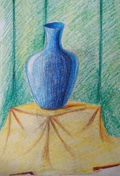 a drawing of a blue vase sitting on top of a table