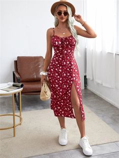 Print Commuter Elegant Dress S-Blue Flower Floral Spaghetti Strap Dress, Spaghetti Strap Summer Dress, Elegant Skirt, Outfit Casual, Cami Dress, Spaghetti Strap Dresses, Types Of Skirts, Elegant Dress, Summer Dresses For Women