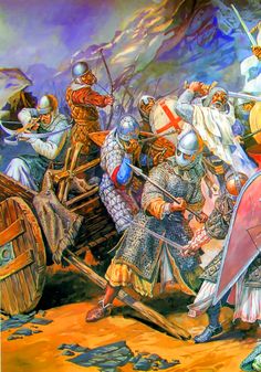 Crusaders under Saracen attack. Battle Of Kosovo, Angus Mcbride, Norman Knight, Warriors Illustration, High Middle Ages