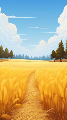 a painting of a wheat field with trees and clouds in the background, as well as a path leading through it