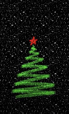 a green christmas tree on a black background with snow flakes and stars in the sky