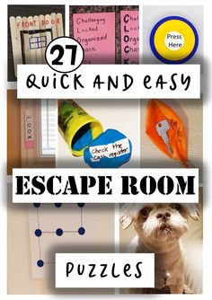 The post shows eight images of escape room puzzles.  From popsicle stick puzzles, recordable buttons, popped balloons and even a dog holding a clue. Escape Room Activities, Escape Box, Diy Escape Room, Room Activities, Free Printable Puzzles, Problem Solving Activities