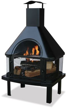 an outdoor fireplace with logs and flames on the front, in black metal mesh netting