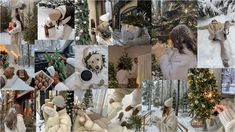 a collage of photos with people dressed in winter clothing and hats, trees, and decorations