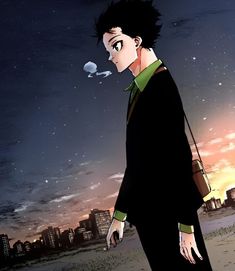 an anime character standing in front of a cityscape with the sun setting behind him