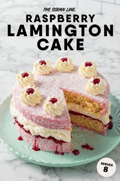 raspberry lamington cake on a green plate with the words raspberry lamington cake above it