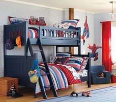 I love the Camp Twin-Over-Full Bunk Bed on potterybarnkids.com Rory Bedroom, Spiderman Bedroom, Spiderman Room, Mommy Ideas, Superhero Bedroom, Superhero Room, Striped Bedding