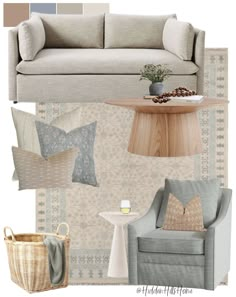 the living room is decorated in neutral colors