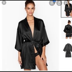 Victoria’s Secret Silk Robe - Black Size Xs/S Really Light In Weight. New With Tags!!! Silk Robe Short, Bride Getting Ready Outfit, Black Silk Robe, Sleepwear Women Nightgowns, Chinese Bride, Kimono Gown, Red Champagne, Short Satin, Satin Kimono