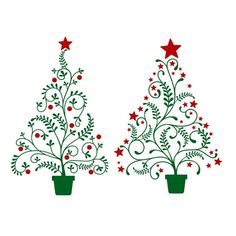 two christmas trees with red stars and green leaves on them, each decorated in a different style