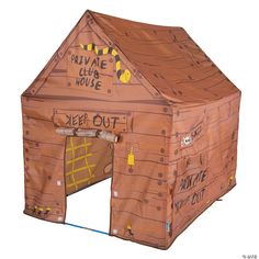 a child's play house made out of cardboard with writing on the door and windows