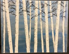 a painting of white birch trees with blue sky in the background