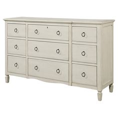 a large white dresser with many drawers and knobs on the top drawer, in front of a white background