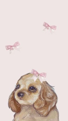 a drawing of a small dog with pink bows on its head and ears, looking up at the sky