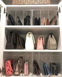 a closet filled with lots of purses and handbags