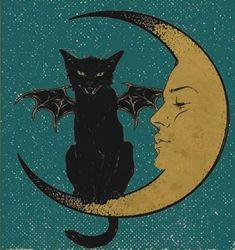 a black cat sitting on top of a crescent moon next to a woman's face