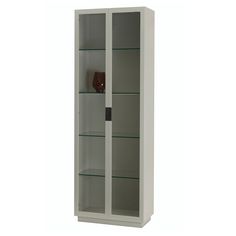 a white cabinet with glass doors and shelves