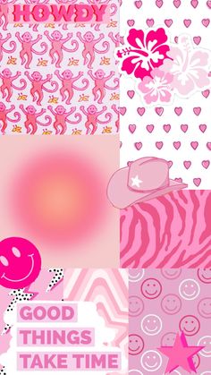 pink and white wallpapers with hearts, stars, zebra print, and an elephant