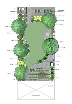 a garden plan with lots of trees and plants in it, including an area for seating