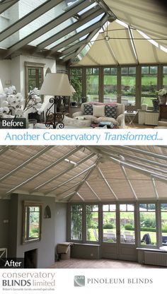 before and after photos of a sun room with glass walls, white couches and large windows