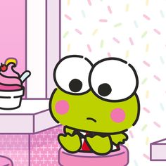 a cartoon character sitting in a pink bathroom with sprinkles on the walls