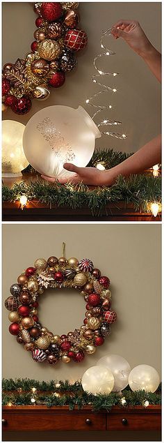 three pictures showing how to make a christmas wreath with balls and lights on the mantle