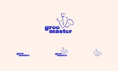 the logo for groo master is shown in three different colors and font styles, including blue