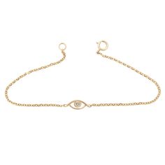 An evil eye charm with a champagne diamond center set in yellow gold on a yellow gold chain bracelet. Apotropaic Magic, Negative Vibes, Anna Sheffield, Symbol Of Protection, Gold Chain Bracelet, Gold Champagne, All Seeing, Eye Bracelet, Yellow Gold Chain