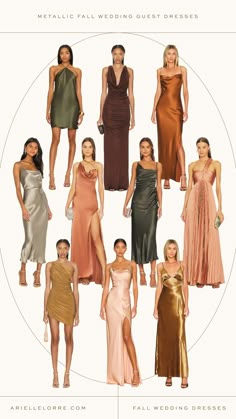 a bunch of women in different dresses on a white circle with the words metallic wedding guest dresses