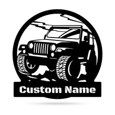 a black and white photo of a jeep with the name custom name in front of it