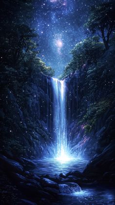 a waterfall in the middle of a forest under a night sky with stars and planets