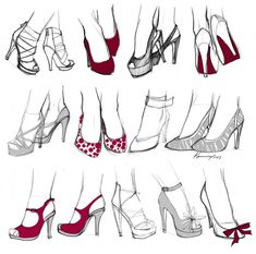 various types of high heeled shoes with bows