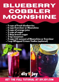 the recipe for blueberry cobbler moonshine is shown in red and black