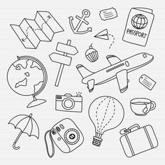 an image of travel related items on lined notebook paper in black and white coloring book page