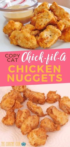 chicken nuggets are on a white plate next to a pink and yellow sign that reads copy cat chick - fila chicken nuggies