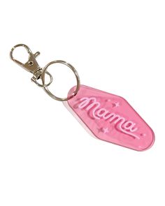 a pink keychain with the word mama on it