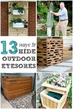 several different ways to hide outdoor eyesores in the yard, including planters and flower boxes