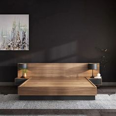 a modern bedroom with black walls and wooden bed frame, nightstands and side tables