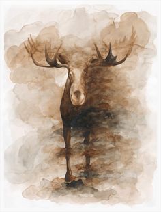 a painting of a moose with large antlers on it's head