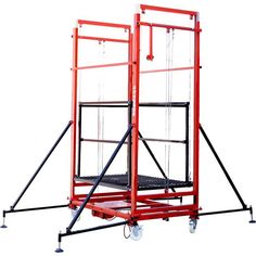 a red scaffold with wheels and two black bars on each side, in front of a white background