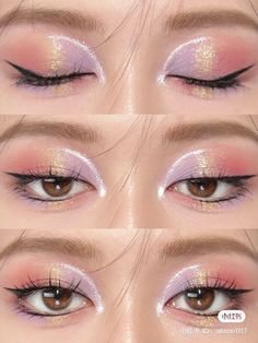 Bridesmaid Makeup Purple, Pink Make Up Look, Glitter Eyeshadow Looks, Elf Hair, Festival Make Up, Bentuk Alis, Cute Eye Makeup, Korean Eye Makeup