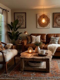 a living room with couches, chairs and coffee table in front of a window