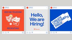 three different posters with the words hello, we are hiring and recruting on them