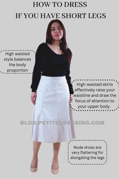 5 Dos and 5 Dont's for Petite Women with Short Legs Petite Dressing, Petite Fashion Tips, Over 60 Fashion, 60 Fashion, Petite Skirt