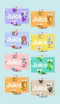 six cans of juice with different flavors and colors on them, all labeled in the same font