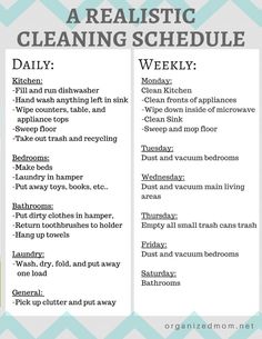 a list of cleaning schedules with the words'a realistic cleaning schedule daily '