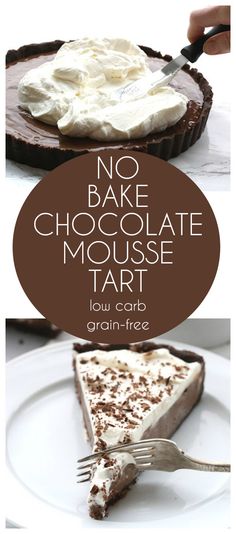 no bake chocolate mousse tart on a white plate