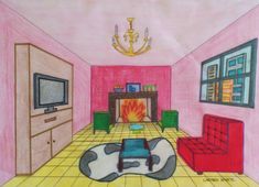 a drawing of a living room with pink walls and yellow tile flooring, a fire place in the fireplace