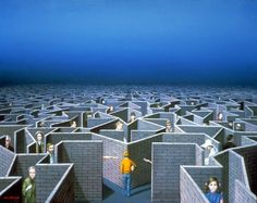 a group of people standing in the middle of a maze